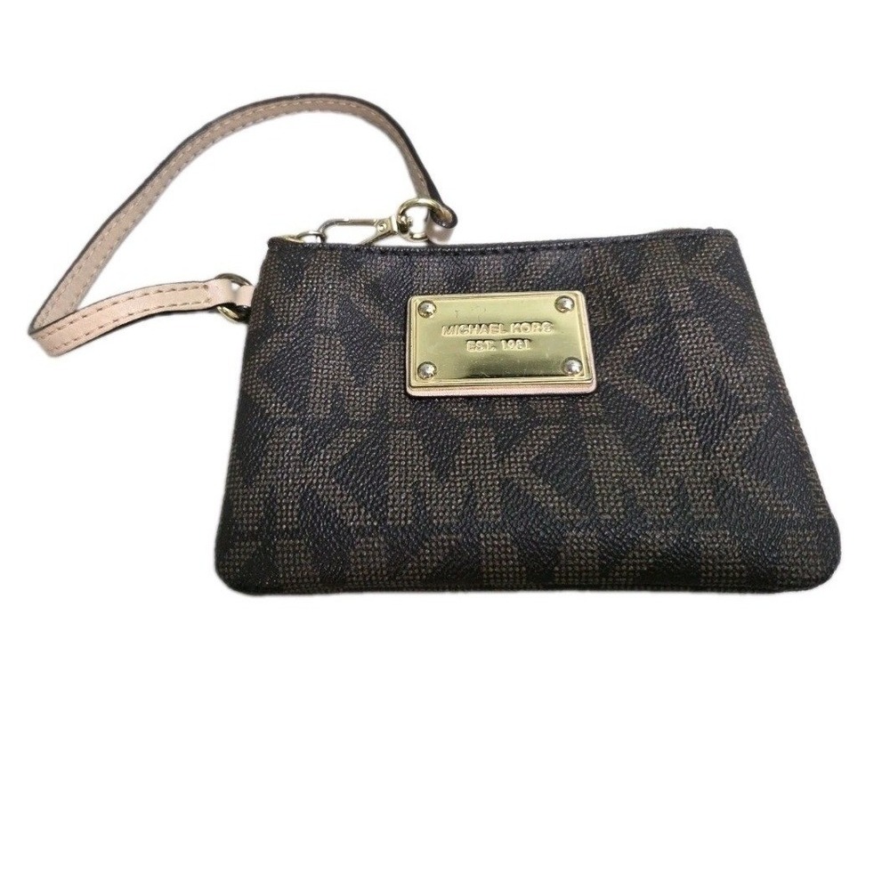 Michael Kors Brown Signature Logo Print Wristlet Pouch Gold Hardware